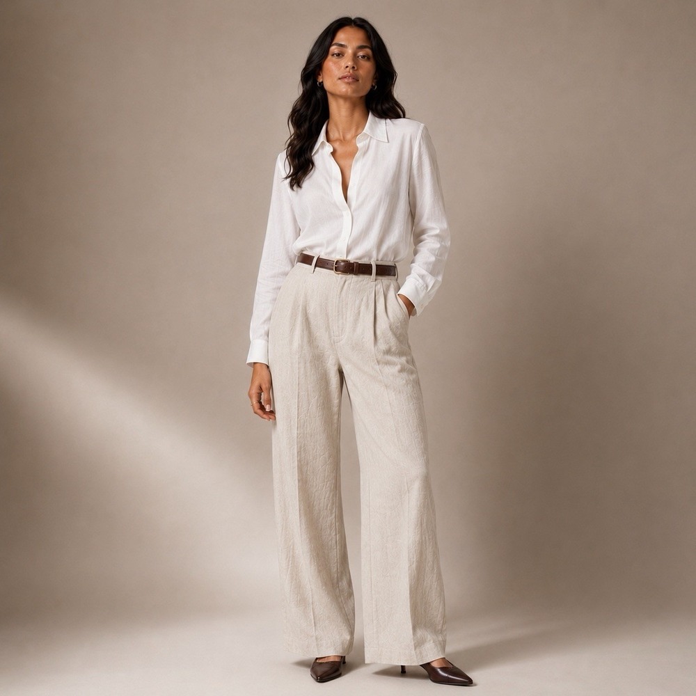 H&M women's 100% linen wide leg trousers cream pleated loose fit size 34 summer